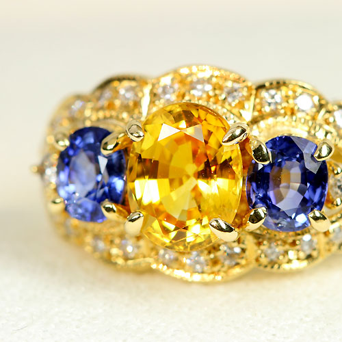 ゴールデン&ブルーサファイア計2.6ct ダイヤ イエローゴールド リング