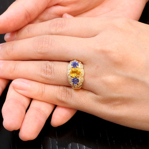 ゴールデン&ブルーサファイア計2.6ct ダイヤ イエローゴールド リング