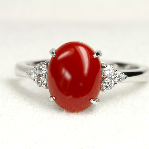 土佐産血赤珊瑚2ct ダイヤモンド プラチナ リング(指輪)【品質保証書 