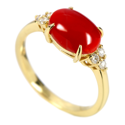 土佐産血赤珊瑚1.8ct ダイヤモンド イエローゴールド リング（指輪 ...