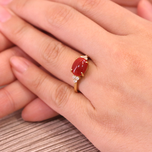 土佐産血赤珊瑚1.8ct ダイヤモンド イエローゴールド リング（指輪 