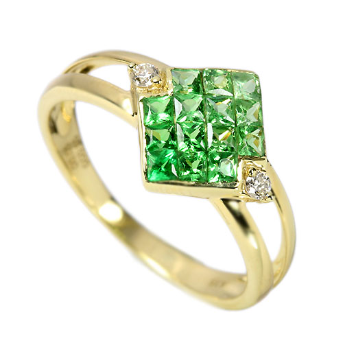 ぴーちゃん 緑色ストーンのゴールドトーンリング グリーンガーネット（ツァボライト）0.6ct ダイヤモンド ミステリー