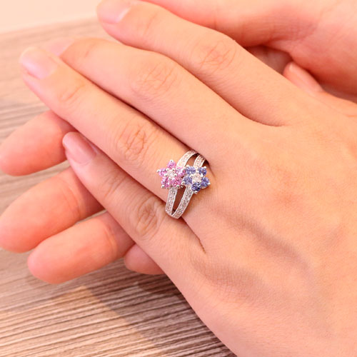 ピンク&ブルーサファイア1ct ダイヤモンド ツインフラワー ホワイト