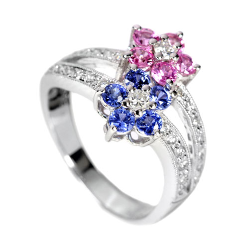 ピンク&ブルーサファイア1ct ダイヤモンド ツインフラワー ホワイト