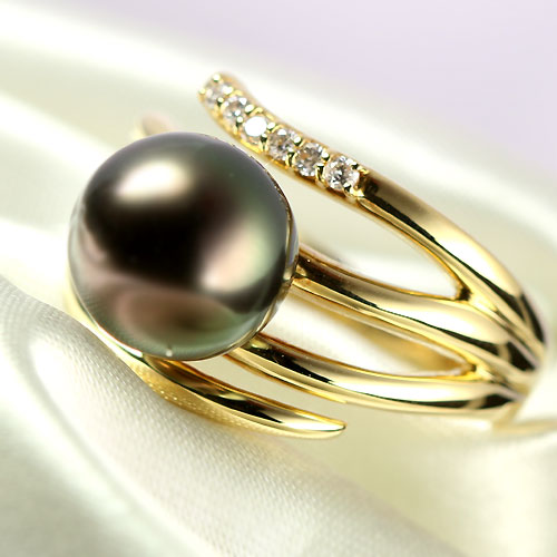 黒蝶真珠9.5㎜ ダイヤモンド イエローゴールド リング（指輪）【品質