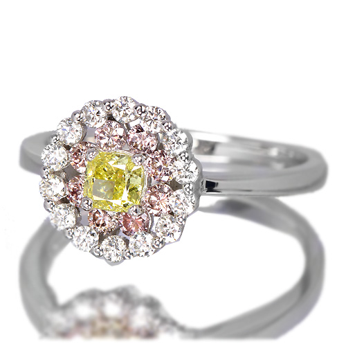 ピンク イエロー ダイヤモンド Pt900 メレ パヴェ リング プラチナ 指輪 FVY イエローダイヤモンド 0.28ct/ファンシーヴィヴィッド