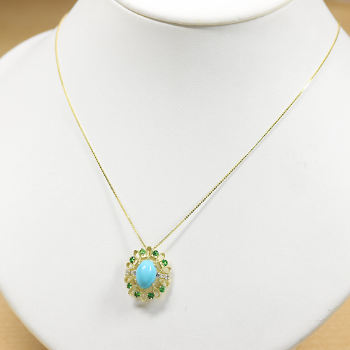スリーピングビューティーターコイズ 2.5ct グリーンガーネット 0.4ct ダイヤモンド イエローゴールド ペンダントトップ【品質保証書/宝石鑑別書付】  即納ジュエリー ジュエリー通販リジュー | レアストーン・高級ジュエリーオンラインショップ