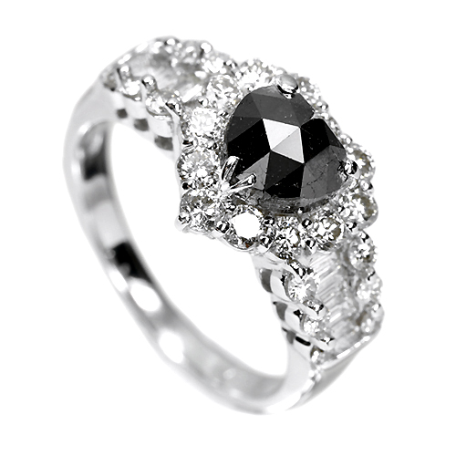 ハート 型 一粒 指輪 ブラックダイヤ(黒ダイヤ) ホワイトゴールドk18