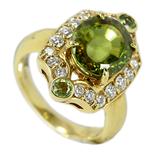 スフェーン 4.43ct ペリドット ダイヤモンド イエローゴールド リング