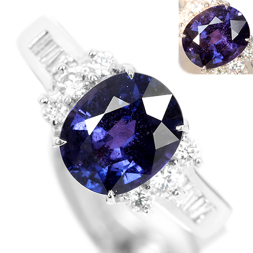 サファイア＆ダイヤモンドリング高品質 非加熱カラーチェンジサファイア 2.87ct ダイヤモンド プラチナ リング