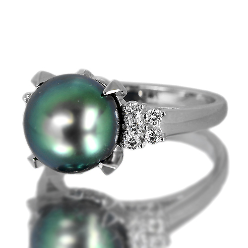 【美品】10.0mm珠　ピーコックグリーン黒蝶真珠　ダイヤモンドリング　プラチナ 真珠 リング パール オーロラ・ピーコック 黒蝶真珠 10.7mm ピーコック