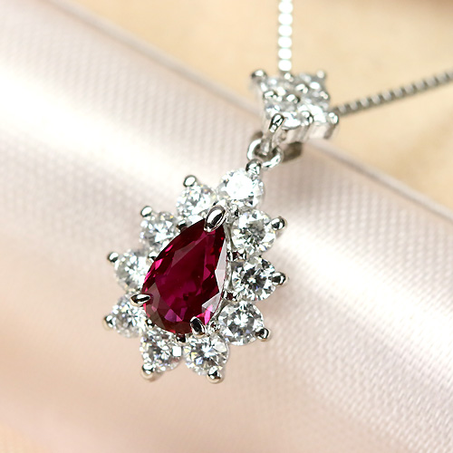 非加熱ルビー 0.58ct ペアシェイプ ダイヤモンド プラチナ ネックレス 