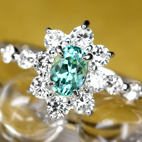 お値さげ！プラチナ　パライバトルマリン5石　15号リング ブラジル産パライバトルマリン0.32ct0.06ctプラチナリングダイヤ