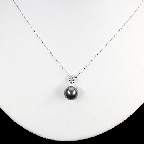 タヒチ黒蝶真珠 11㎜ ダイヤモンド ホワイトゴールド ネックレス【品質 