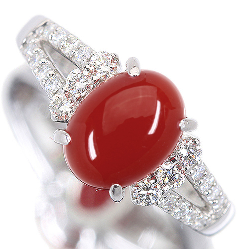土佐産血赤珊瑚 1.9ct ダイヤモンドt プラチナ リング(指輪)【品質
