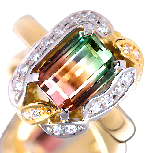 バイカラートルマリン 2.8ct ダイヤモンド プラチナ 850 イエローゴールド リング(指輪)【品質保証書/宝石鑑別書】