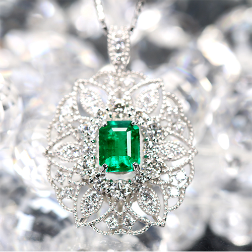 コロンビア産エメラルド(vivid green) 0.75ct ダイヤモンド 0.77ct プラチナ ネックレス【品質保証書/AIGS宝石鑑別書】  即納ジュエリー ジュエリー通販リジュー | レアストーン・高級ジュエリーオンラインショップ