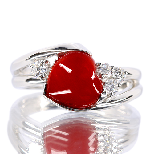 ハートシェイプ赤珊瑚 2.1ct ダイヤモンド プラチナ リング(指輪 
