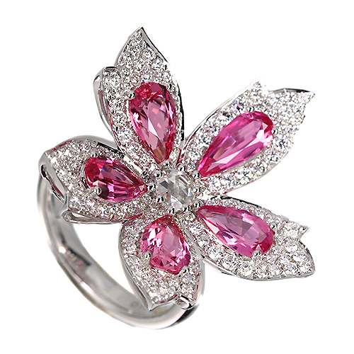 ピンクスピネル　パライバトルマリン　ローズカットダイヤモンド　k18wgリング 天然アヤナスピネル ピンクスピネル 天然パライバトルマリン