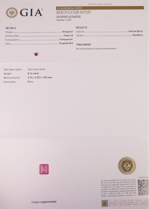 ノンオイルレッドベリル 0.16ct ルース【品質保証書/GIA宝石鑑別