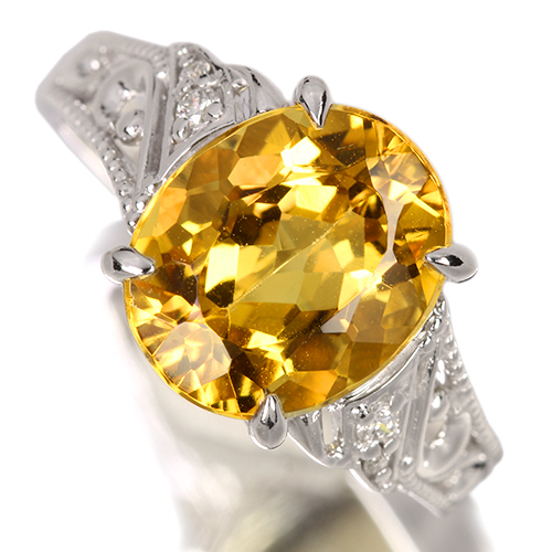 イエローベリル 3.8ct ダイヤモンド ホワイトゴールド リング(指輪)【品質保証書/宝石鑑別書/CGLソ付】