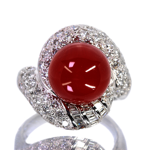 第460回抽選販売＞血赤珊瑚 11㎜ ダイヤモンド 1.3ct プラチナ リング